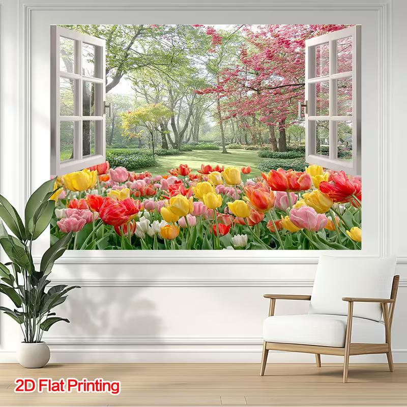 2D Spring Tulip Forest Wall Art Sticker Window View Home Background Cloth