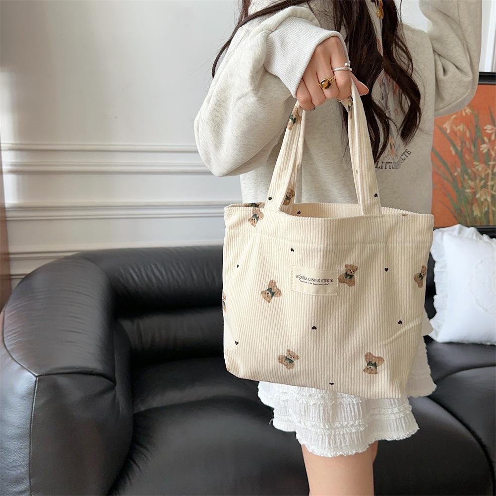 Corduroy Bear Handbag for Women, Outer Carry Bag, Lunch Bag, Student Small Lunch Box