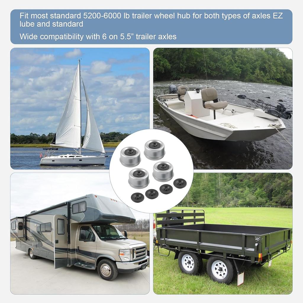 4PCS 2.44" Trailer Hub Bearing Dust Cap with Extra 4 Rubber Plugs, Trailer Axle Wheel Hub and Bearing Dust Caps for Most 5200 to 6000 Pound Axles