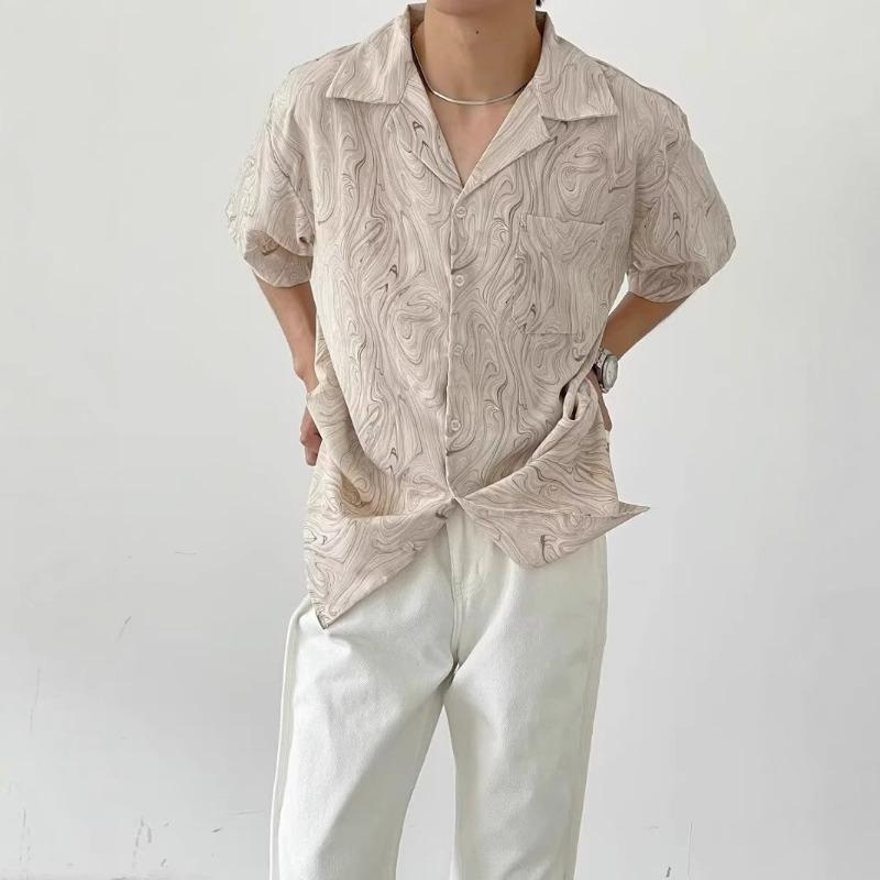 

Men Swirl Pattern Turn Down Collar Short Sleeve Loose Casual Button Up Shirt M хаки