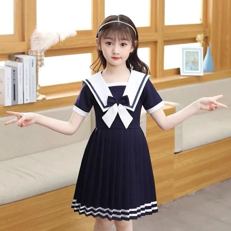 Summer Kids A-LINE Dresses Child Clothes Teens School Sailor JK Striped Uniform Girls Daily Wear Pleated Skirt 6 9 12 Yaer