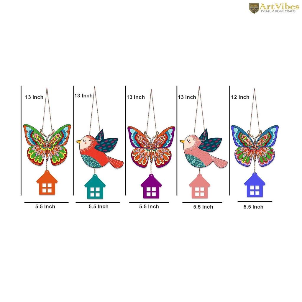 Multicolored Butterfly & Birds Wooden Wall Hanging for Home Decoration | Office | Cafe | Decorative Door Hanging | Pack of 5