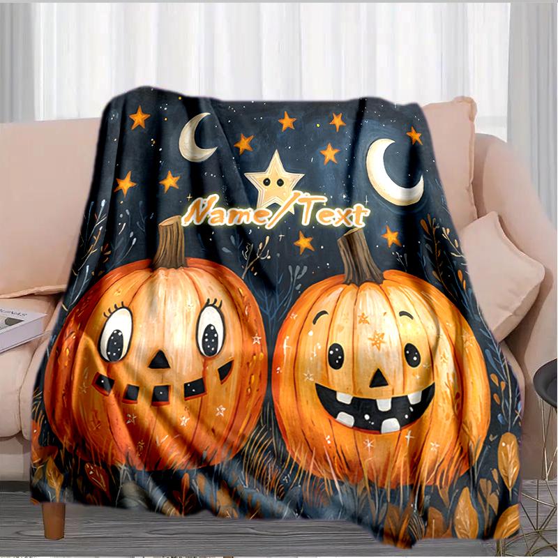 1PC Custom Name Halloween Night Pumpkins Outdooor Flannel Blankets Throw Blanket All-Season Throw Gift Bedspread for Couch, Bed, Camping Holiday Birth