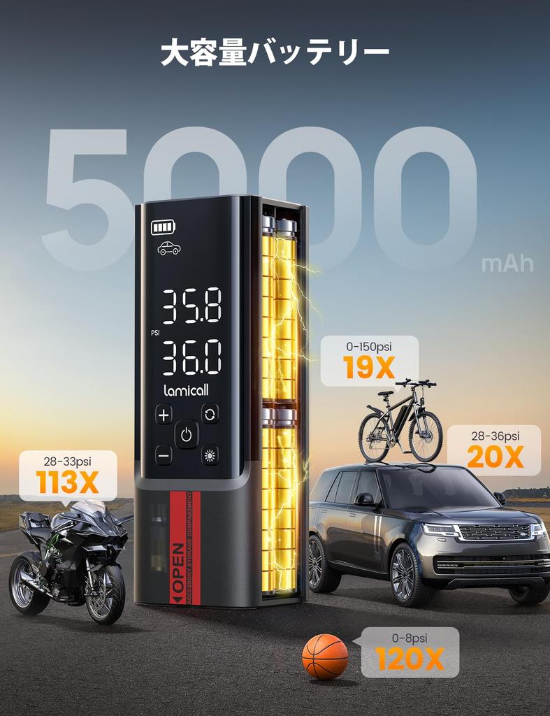 Lamicall Electric Car Tire Motorcycle Air Compressor with 5000mAh Large LED Maximum Pressure of 150 Silicone Extension and Storage Compatible with