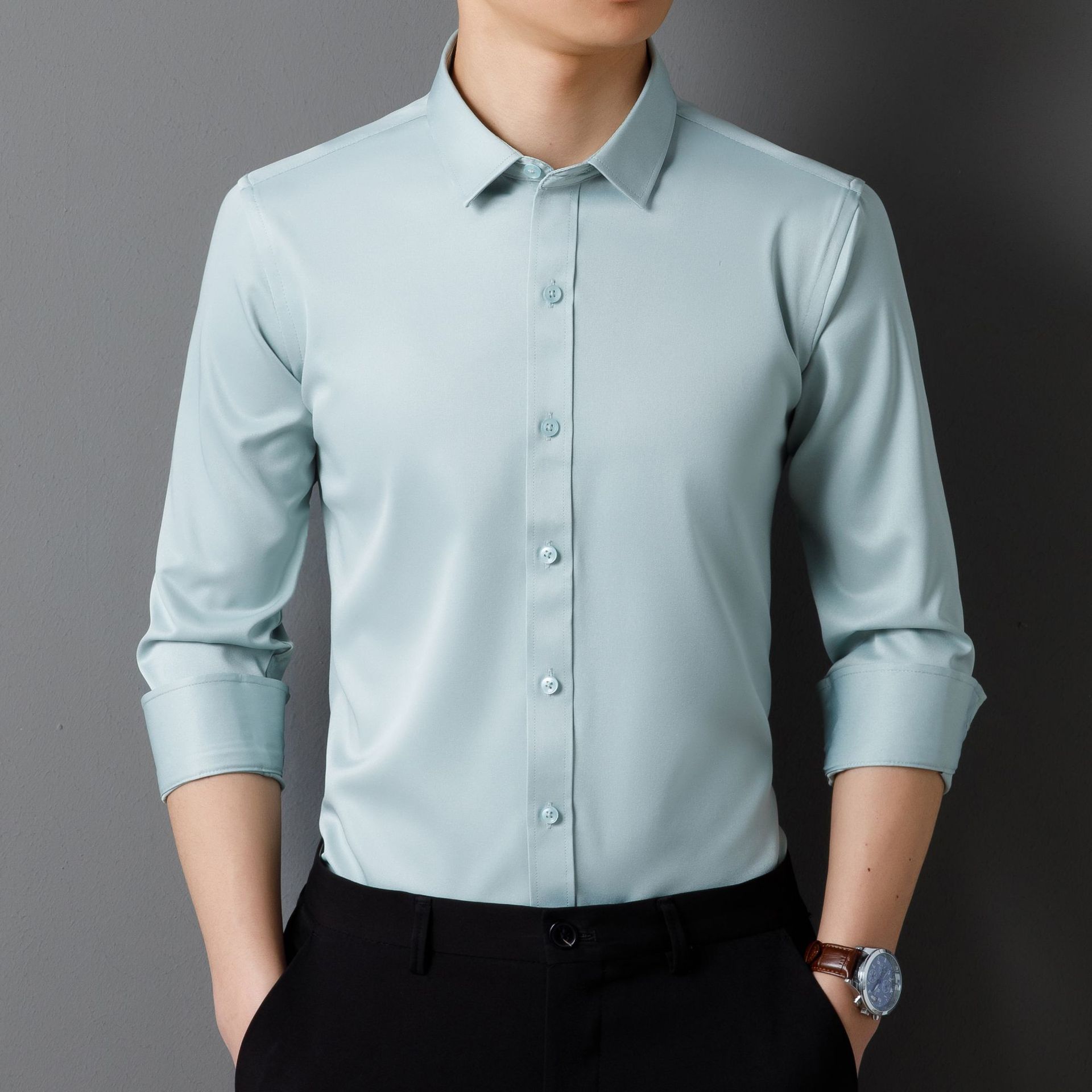 

Мужская повседневная модная деловая однотонная рубашка с длинными рукавами 6XL зелёный