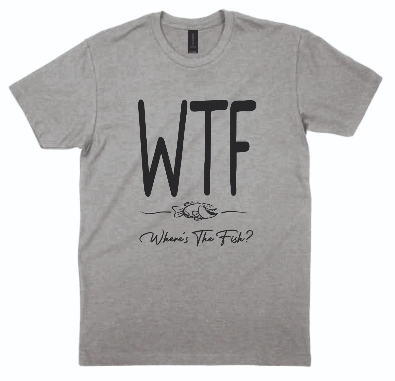 Fishing T shirt WTF Where s The Fish Angler Funny design 2 Xmas Gift M