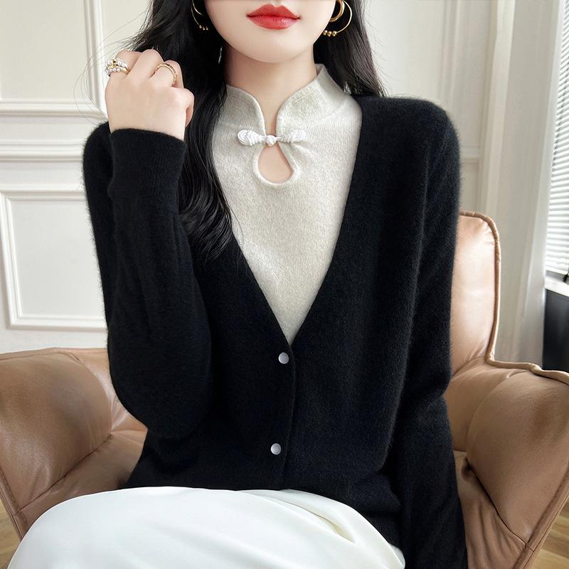 

Frog Button Stand-Up Collar Cashmere Sweater - Chinese Style, Women s Autumn/Winter High-End Pullover XL