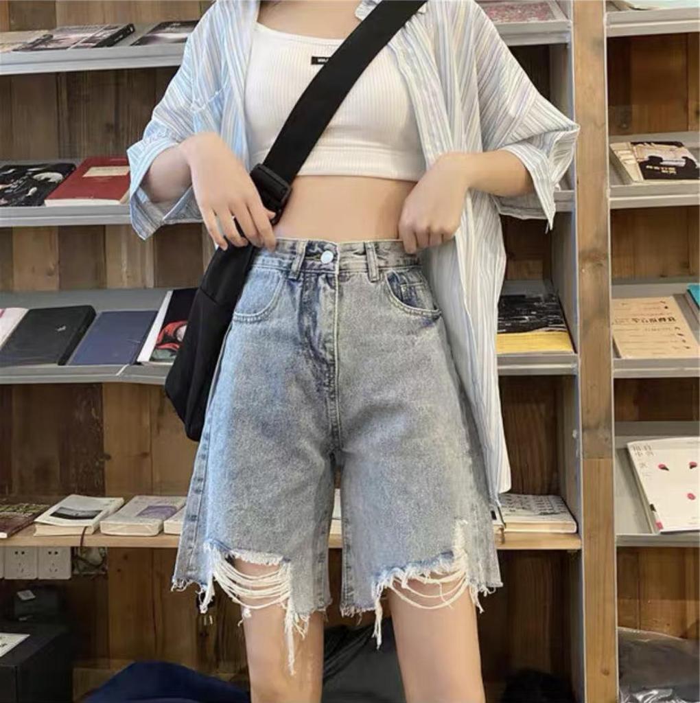 2022 Summer Trendy Women's High-Waisted Ripped Denim Shorts - Loose, Wide-Leg, Mid-Length