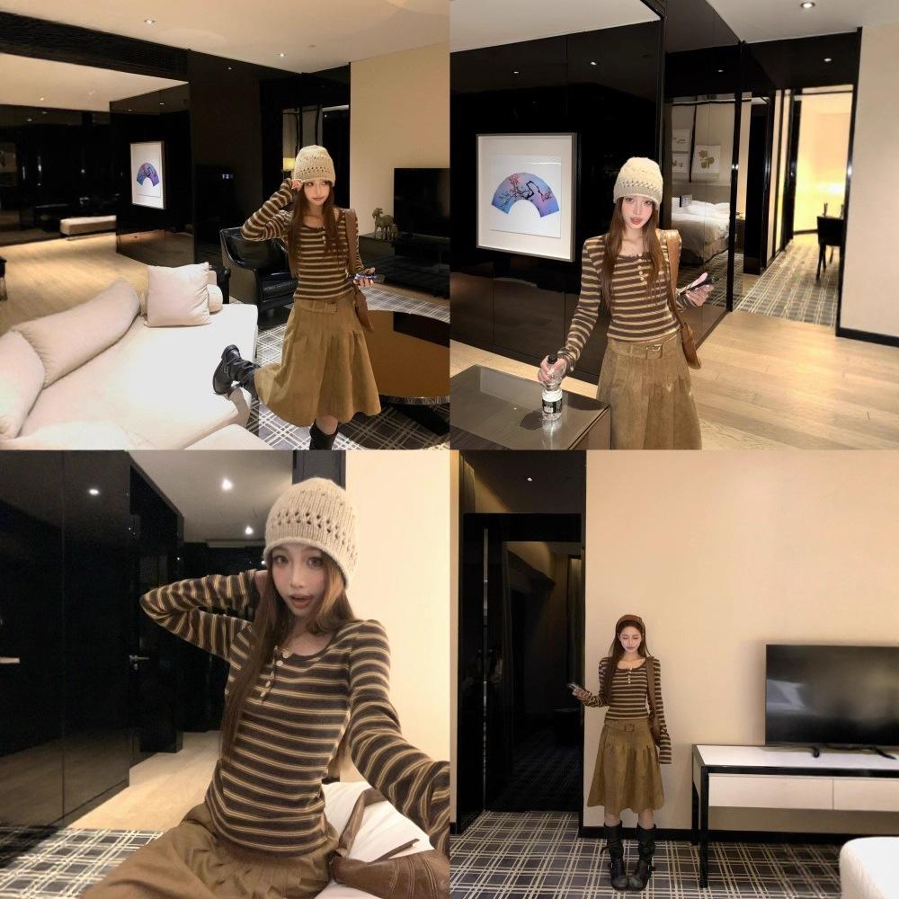 Coffee Crew Neck Striped Long Sleeve T-Shirt Women's Autumn and Winter Korean Spice Girls Slim-fit Inner Bottom Versatile Skinny Top