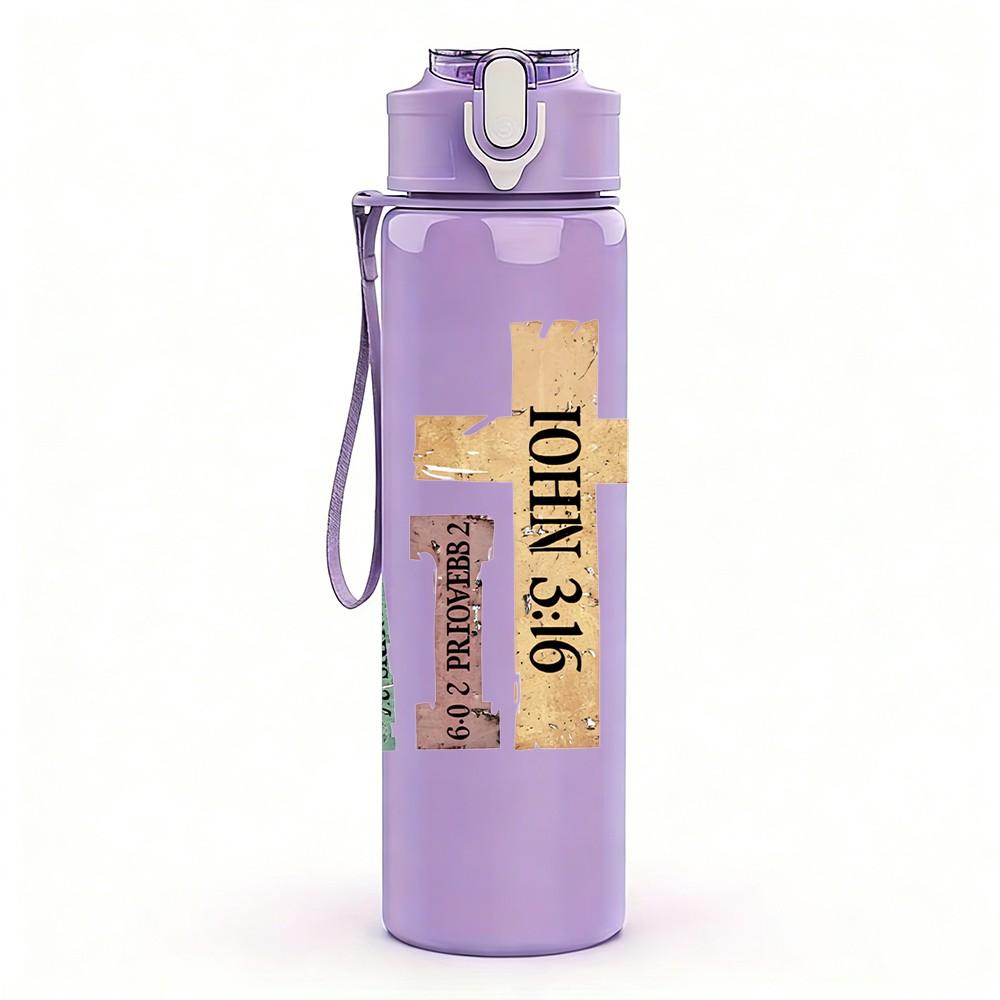 1PC Faith Cross Letter Text Art Print 750ml Color Plastic Sports Water Bottle Leakproof Flip Straw Lid Suitable for Sports Office Home Use