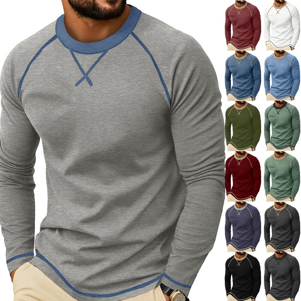 Men's Long Sleeve Crew Neck Casual T Shirt Color Block Stitching Detail Pullover Top Lightweight Comfortable Fit