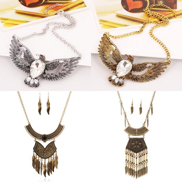 Vintage Eagle Pendant Necklace With Gemstone Water Drop Chain For Boho Style Jewelry