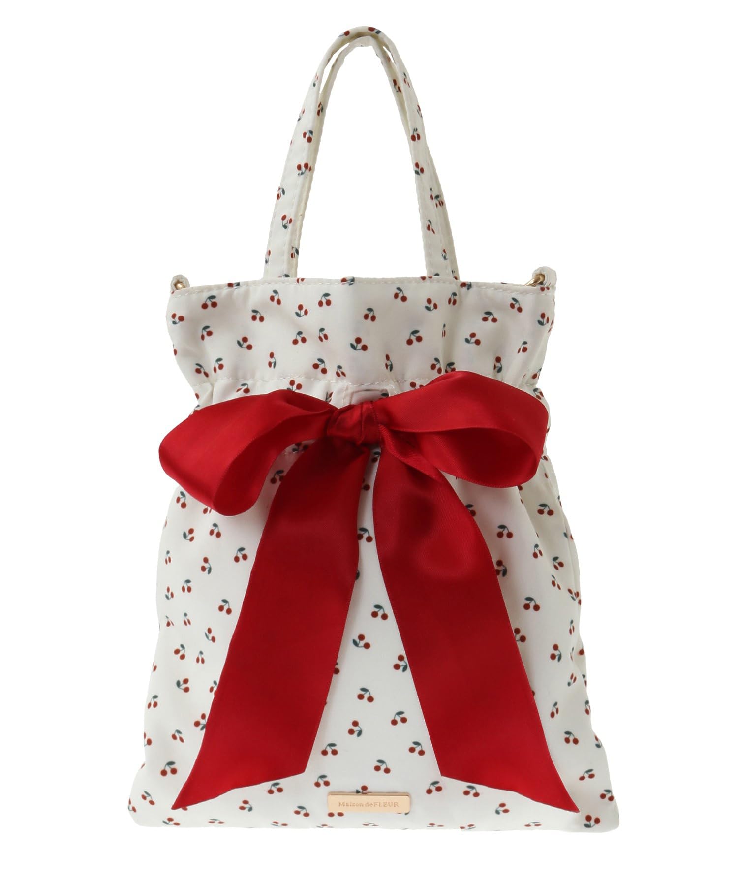 

Maison de Fleur Cherry Print Mini Ribbon 2-Way Bag, Ivory, Size F, PouchDrawstring Bag, 08000446300