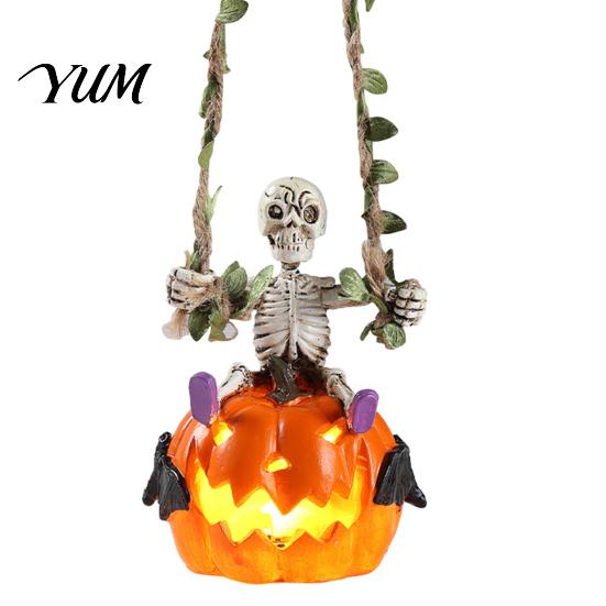 Spooky Haunted House Prop Swing Skeleton with Lighted Pumpkin, Light-up Ornament, Halloween Garden Tree Decor Hanging Statue for Indoor Front