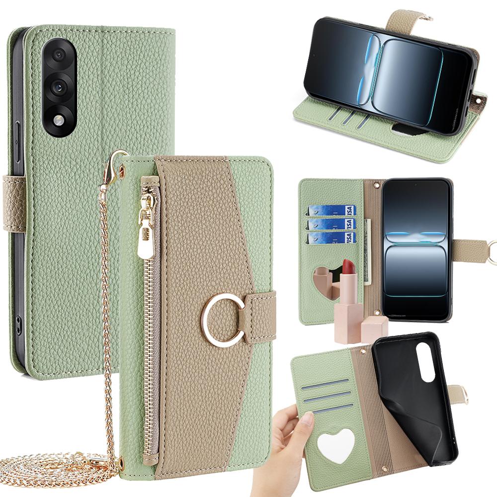 

For OnePlus Ace 5 Ultra 5G Case Mirror Wallet Leather Phone Cover with Chain Shoulder Strap Green