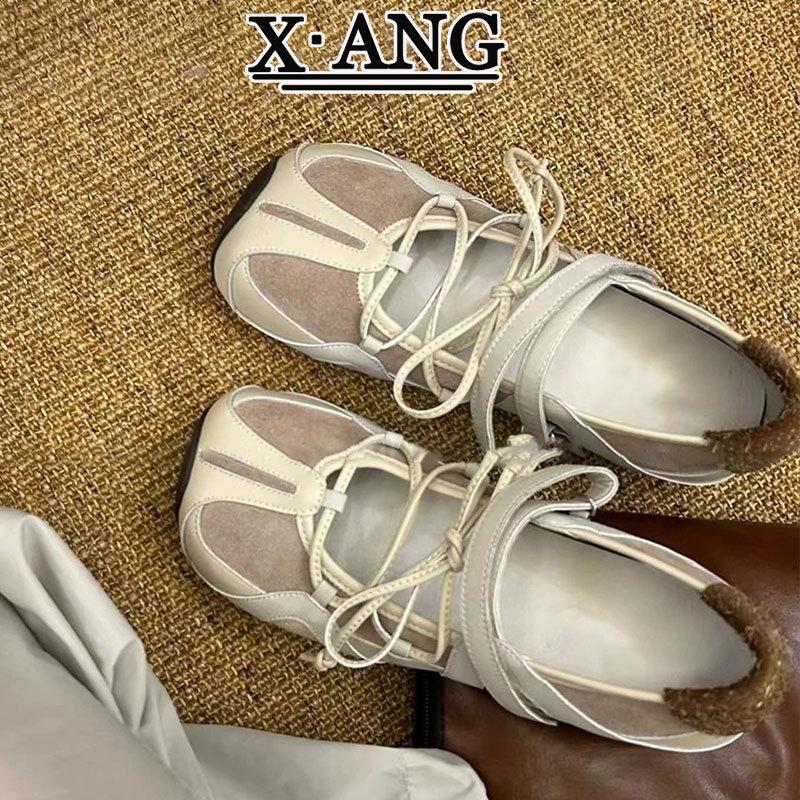 Sheepskin version~ Functional wind sports square head ballet shoes women's versatile cross belt Velcro shallow mouth Mary Jane single shoes