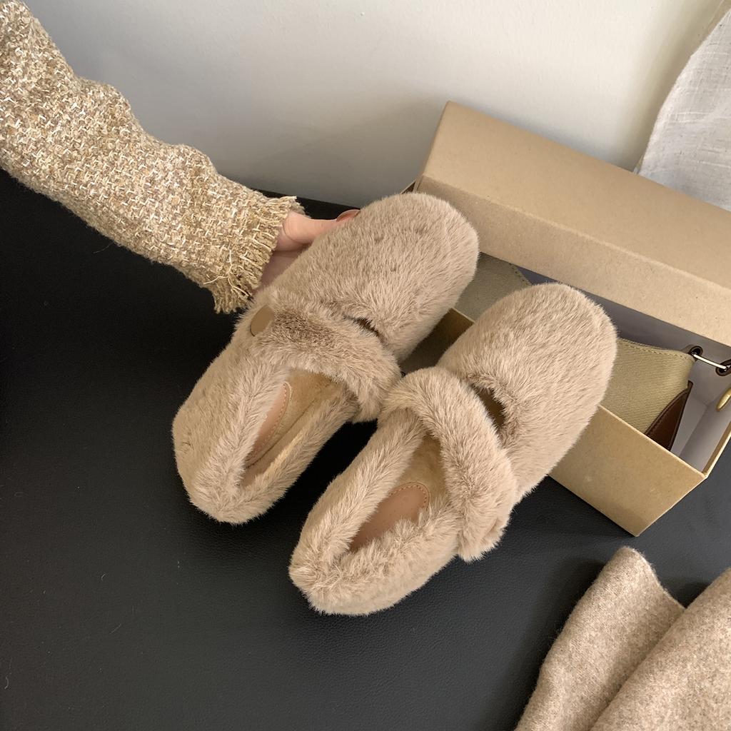 [Fanfuna] 2025 autumn new velvet thickened bag head fluffy shoes women's soft sole comfortable one-word cotton shoes