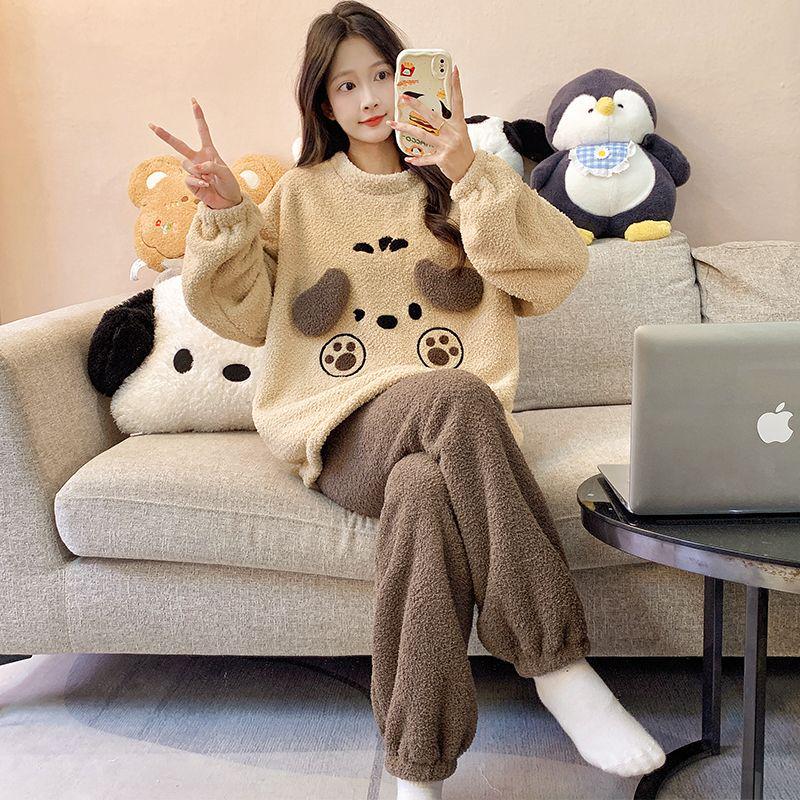 Women's Winter Coral Fleece Pajamas, Long-Sleeved Flannel Set with Velvet, Suitable for Spring and Autumn, Can Be Worn Outdoors