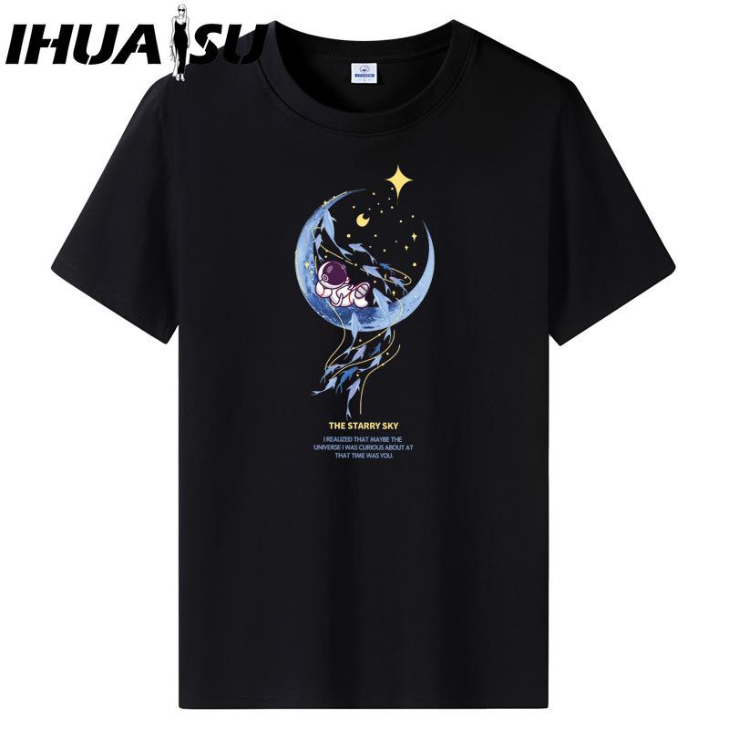 IHUASU Kortermet t-skjorte i bomull for menn mote løs halvermet skjorte med trykt medfølende skjorte