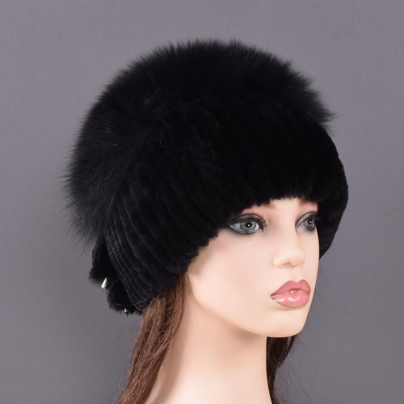 

Winter Hat Women Natural Fur Rex Rabbit Fox Pompom Tails Beanie Hats Knitted Cap One Size чорний