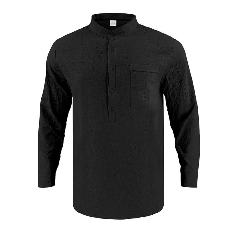Linen T-Shirt Men Henley Neck Pocket Casual Beach Long Sleeve Solid Color Male Tops Vintage Streetwear TShirts