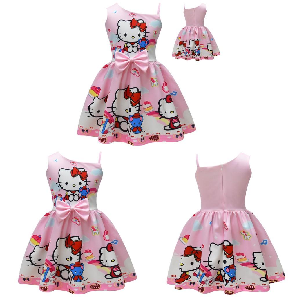 Ärmelloses Kleid mit Hello Kitty Cartoon-Print und Rüschendetails für das Frühlings-Verkleiden