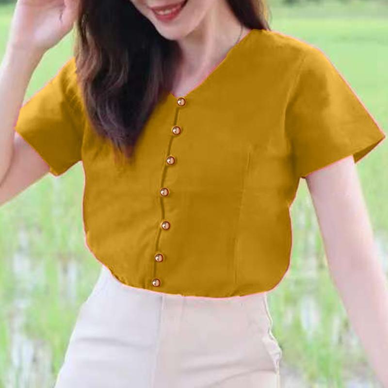 

ZANZEA Женская повседневная однотонная летняя блузка с V-образным вырезом и коротким рукавом 5XL жёлтый