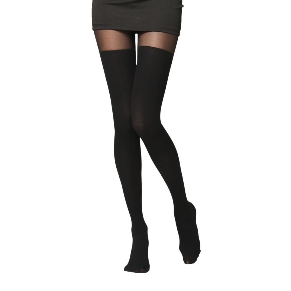 Fashion High Waist Faux Thigh-High Patterned Tights Black Elastic Thigh-Strap Tights Thin Striped Pantyhose Women's Stockings