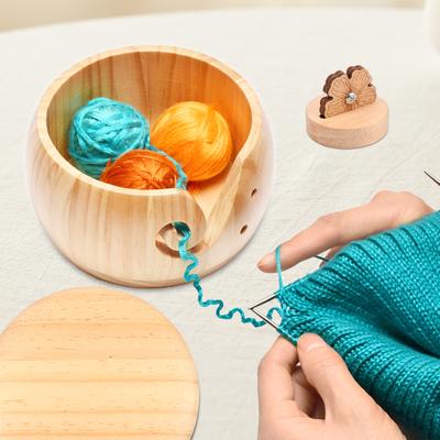 Wooden Yarn Bowl Holder Crochet Yarn Bowl with Lid Efficient Knitting Yarn Bowl Storage and Thread Cutter Yarn Bowl Set for DIY