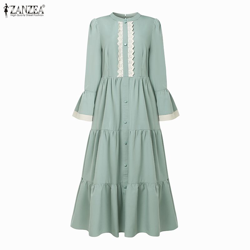 ZANZEA Damen Elegantes Spitze Patchwork Lässiges Stehkragen Ausgestelltes Langes Ärmel Lockeres Kleid