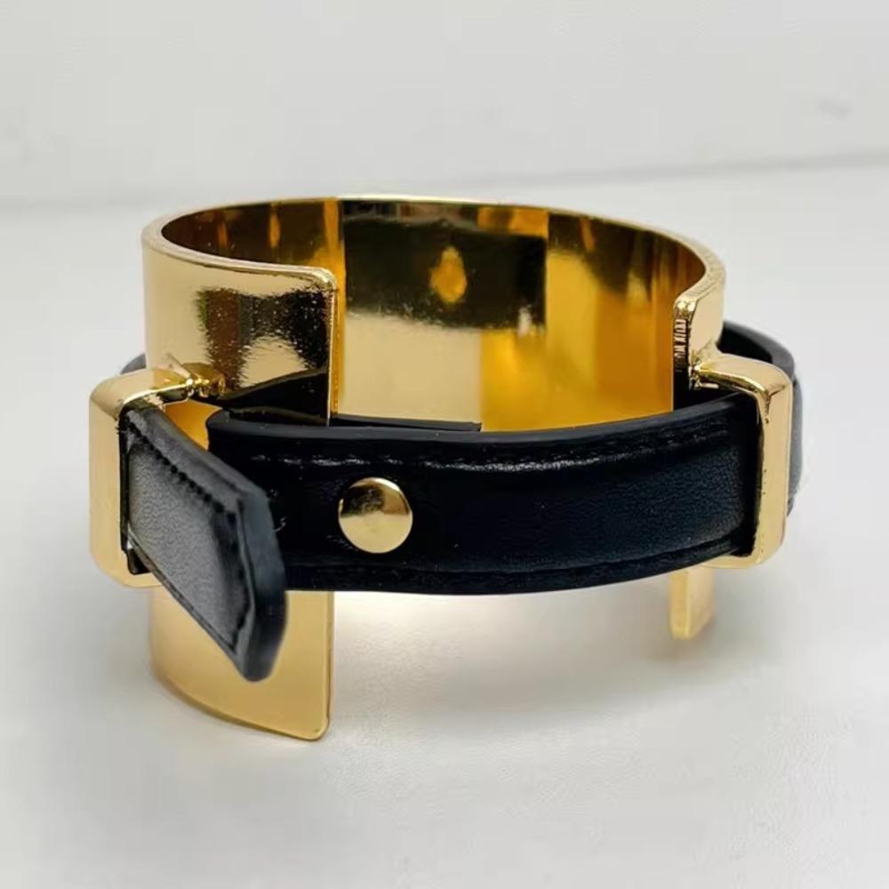 Silver Exaggerated Metal Bangle Armlet Women Open Bangle Belt Buckle Leather Bracelet  Daily