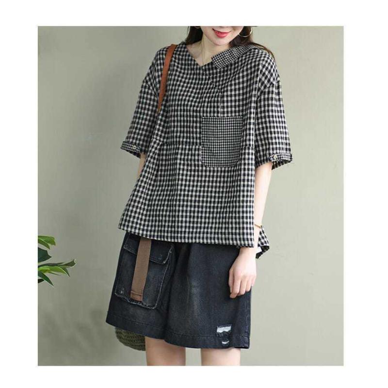 New Retro Loose Plaid Cotton Linen Shirt Top Slimming V-neck Short-sleeved T-shirt