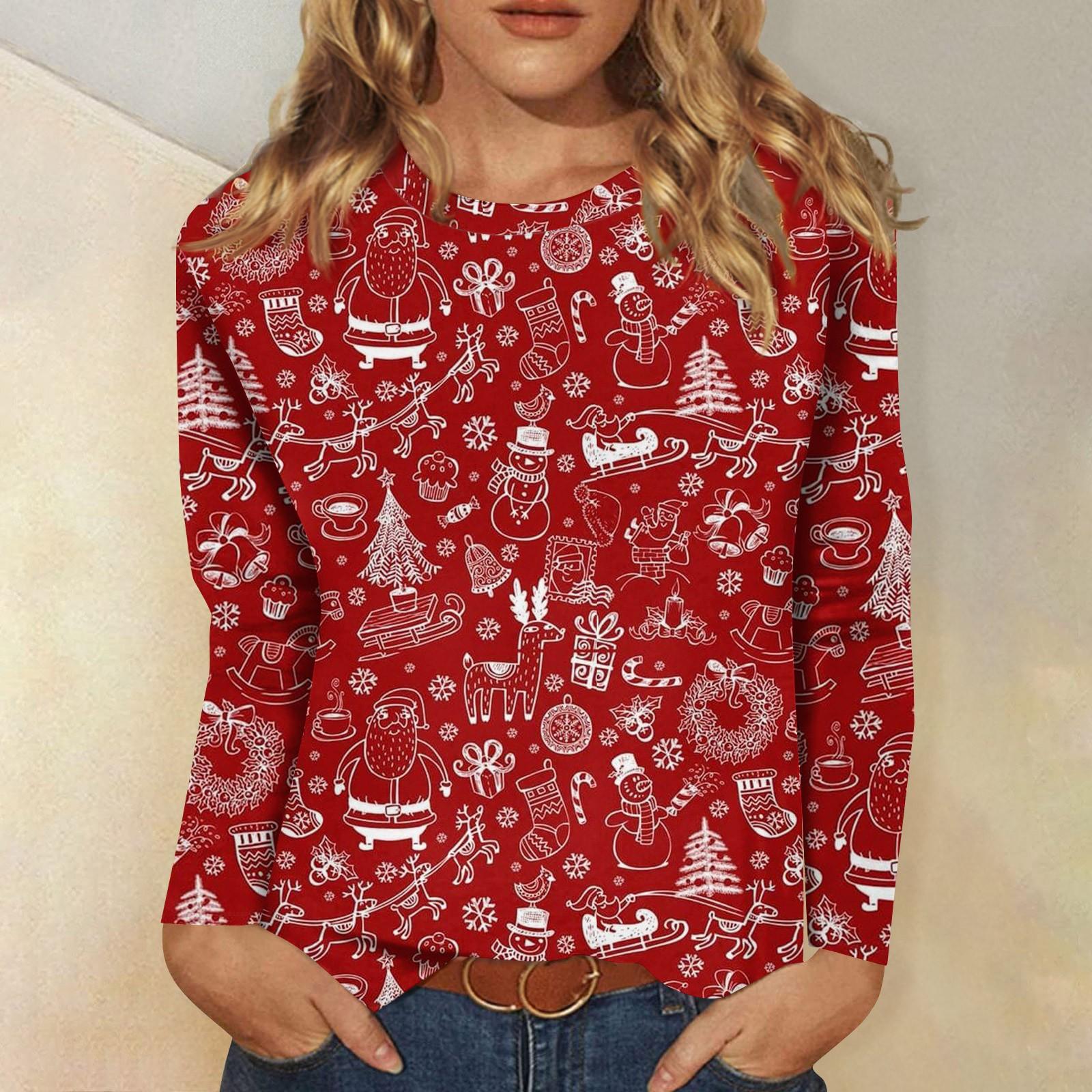 

Жіноча модна повсякденна футболка з круглим вирізом і різдвяним принтом з довгими рукавами L Кіновар