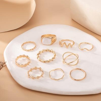 Conjunto de 10 peças de anéis de junta dourada para mulheres e meninas, boho, torção, cruz, anéis geométricos irregulares, anéis midi empilháveis, pacote de presente para várias ocasiões