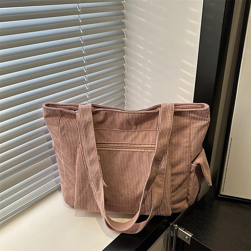 Simple Solid Color Corduroy Shoulder Bags for Women Large Capacity Multi-Pocket Ladies Tote Bag Casual Portable Female Handbags
