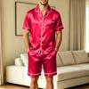 Men's Short Sleeve Pajama Set with Chest Pocket and Two Pocket Shorts for Casual Sleepwear