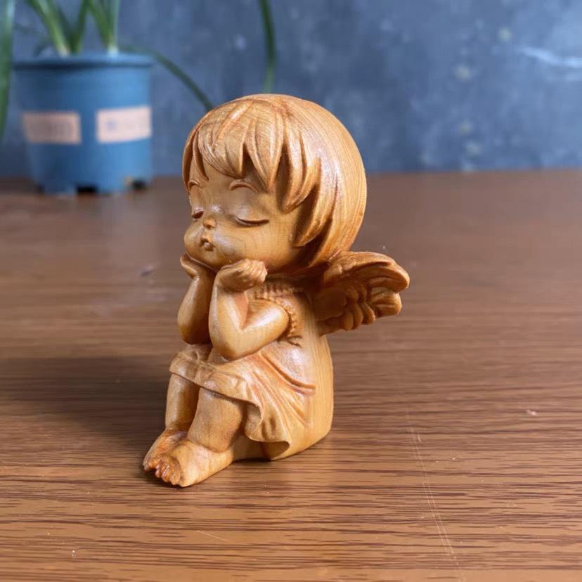 Cypress Wood Carved Angel Girl Ornament – Shui Bingyue Desktop Creative Figure