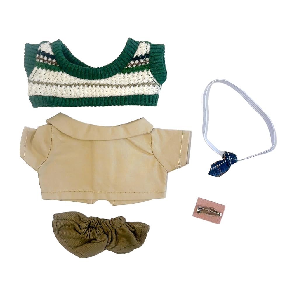 Shirt, pants, vest, tie, and name tag set (green) for 10cm plush toy, kigurumi, accessories, otaku activities, doll, mascot, kpopdoll costume [Used]