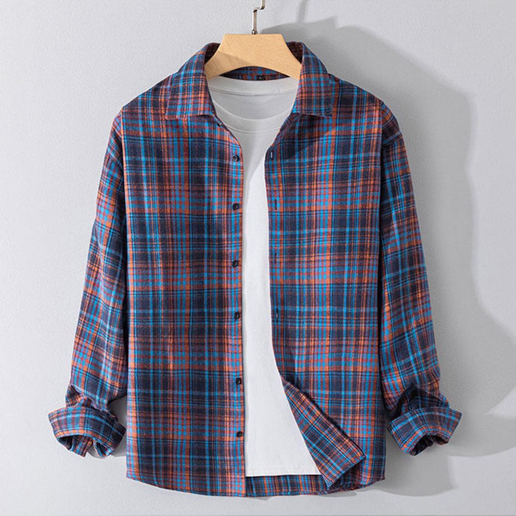 Men's Button-Down Casual Loose Plaid Long Sleeve Shirt