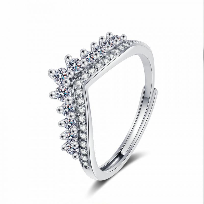 European-American Zirconia Diamond Crown Ring for Women - Classic, Fashionable, High-End Feel, Stackable Jewelry Adjustable Open Size платиновый
