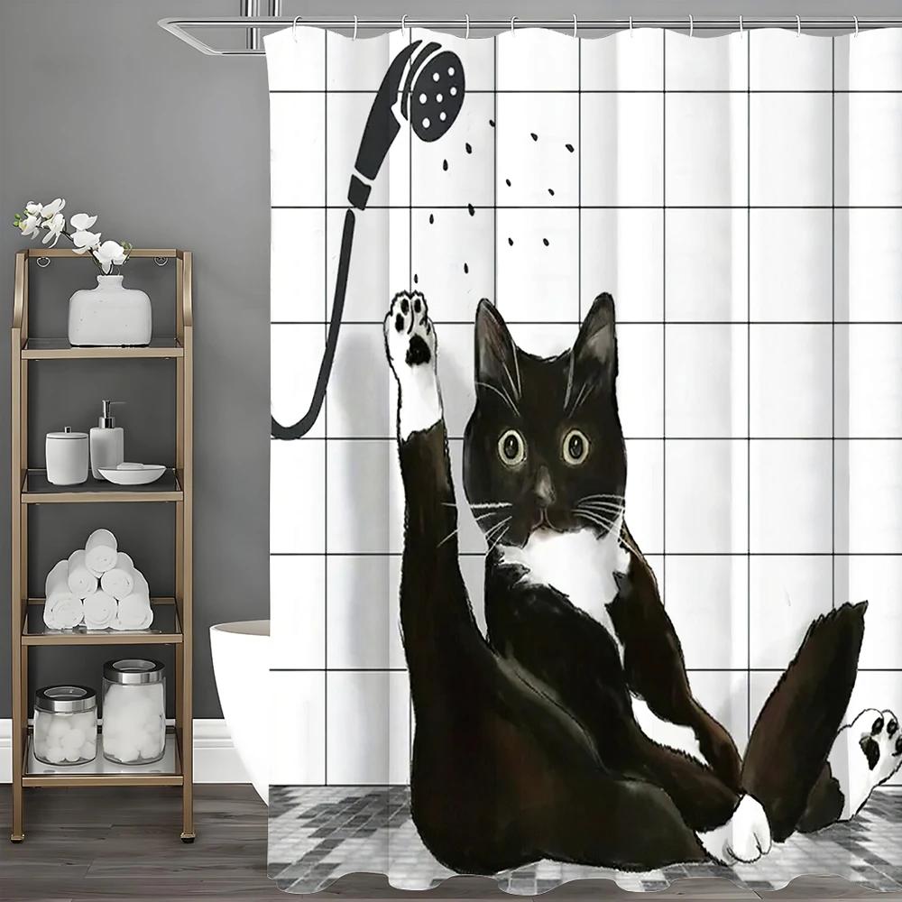Black Cat Shower Curtain, Bathroom Decorative Shower Curtain, Waterproof Shower Curtain with Hooks