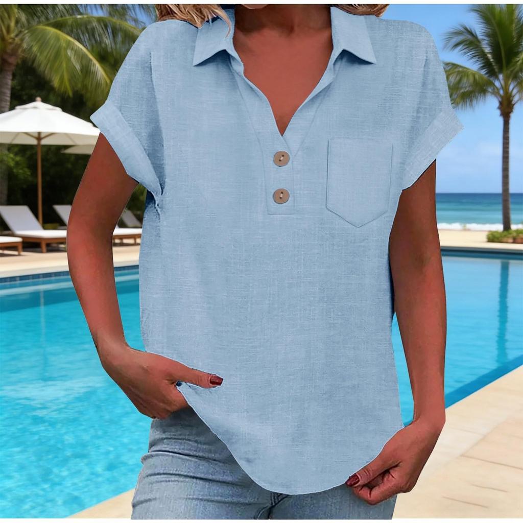 Women's Fashion Casual -Colour Buttoned Pocket Collared Short-Sleeved Shirt T-Shirt Top