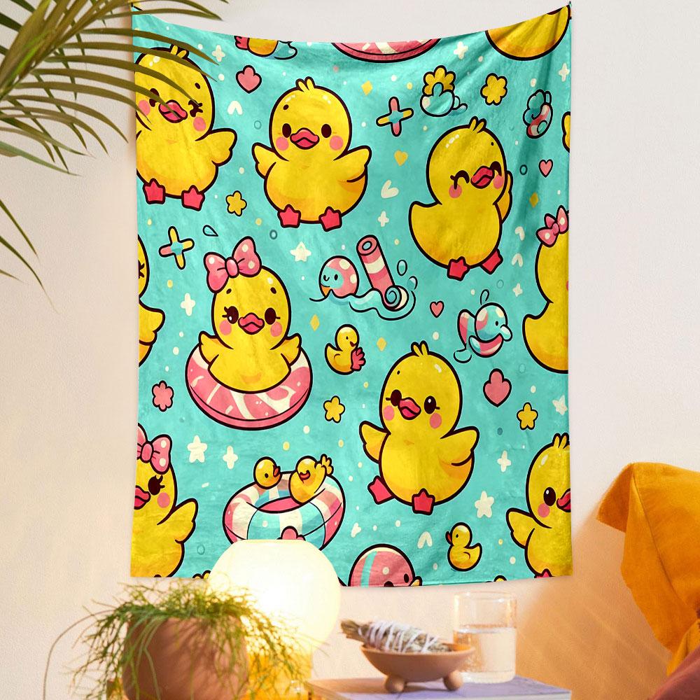 Cute Yellow Ducks on Blue Pattern Background Patterned Tapestry Decorative Wall Hanging, Home Bedroom Living Room Decor