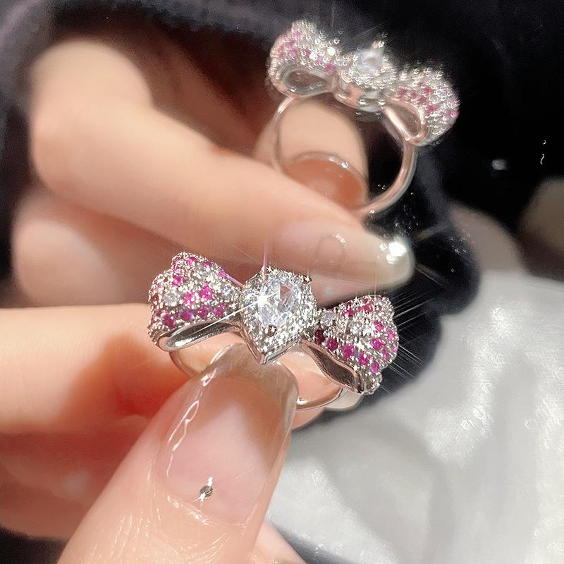 

Rose Red Three-Dimensional Bow Open Ring Full Of Diamonds Zircon Bracelet Set Sweet Temperament Personality Niche Design Woman