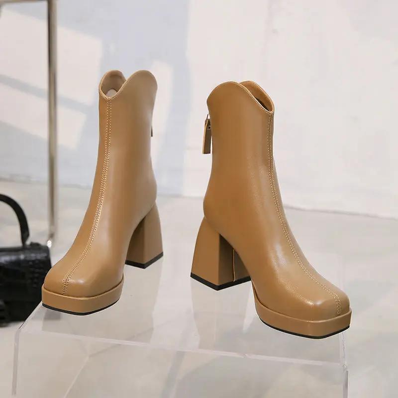 Fashion Middle Heel Solid Color Long Boots for Women New In Large Size Warm Fashion 2024 Y2k Work Boot Pu 39 Knee High Shaft Shoes Woman