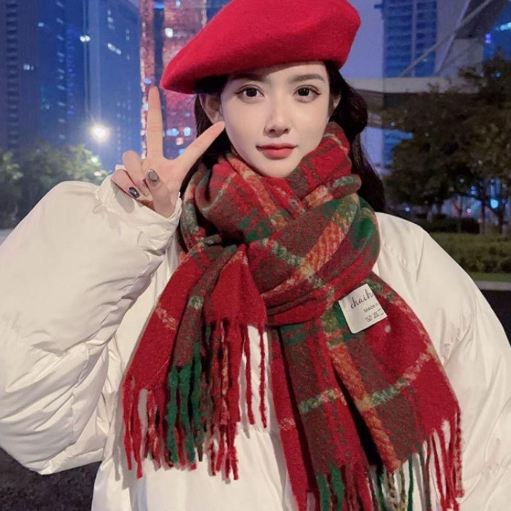 Large Plaid Scarf Thicken Tassel Shawl Simple Cashmere Scarves  New Year