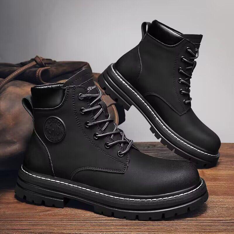 Men's Tactical High-Top Cowboy Boots Chunky Sole Non-Slip Workwear Ankle Boots Trendy Versatile Streetwear Sneakers for Men