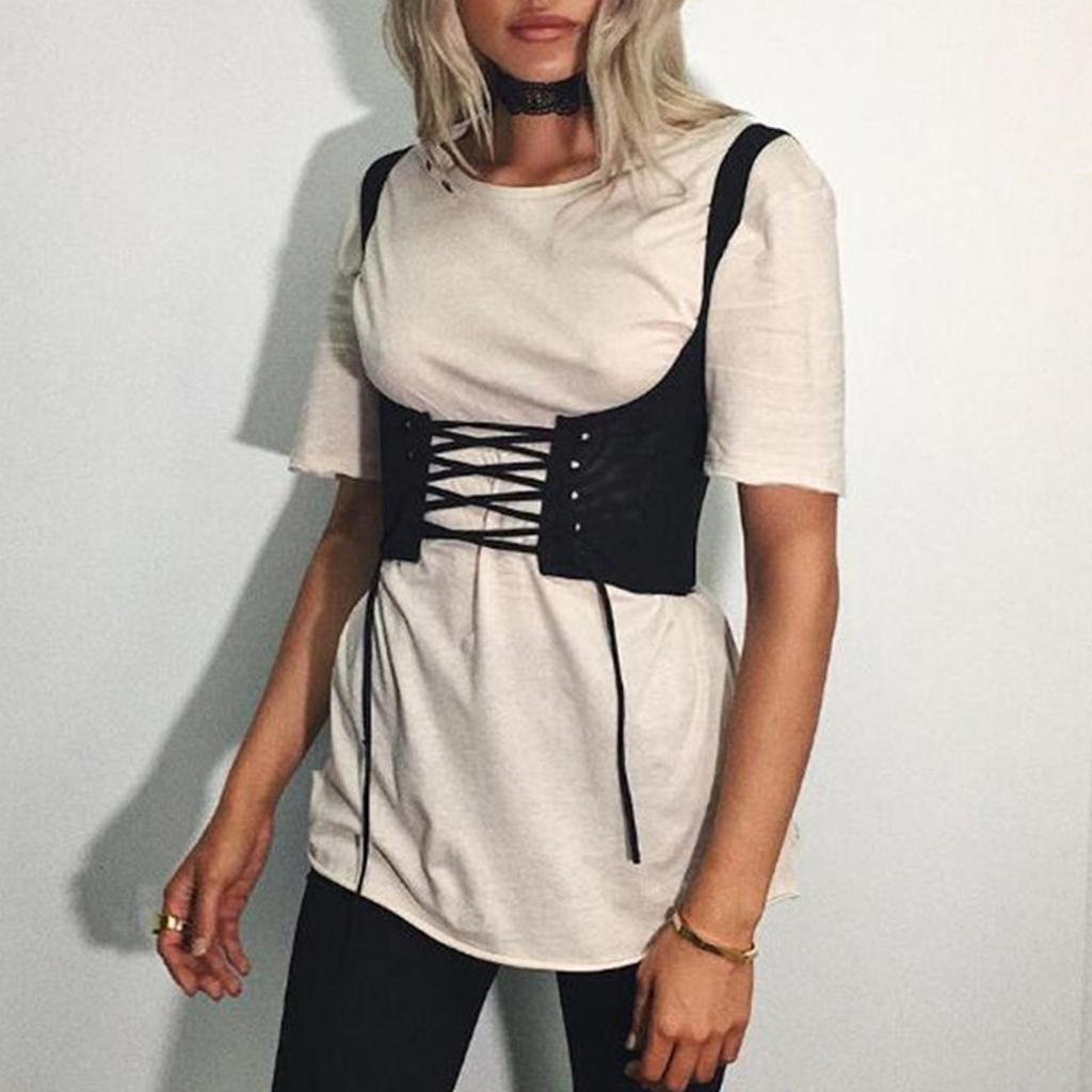 Women Lace Up Waistband Corset Belt Tank Shoulder Tie Up Eyelet Front Back Zipper High Waist Belt