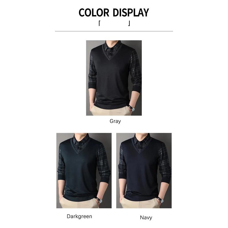 Browon New T Shirt Men Turn-Down Collar Fashion Plaid Print T-Shirts Male 2025 Spring And Autumn Long Sleeve Business Men Clothe