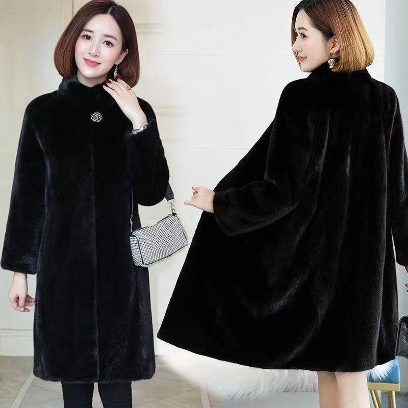 Autumn and winter new imitation leather coat women's long imitation mink hair mink women's clothing thin stand-up coat